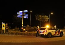 Auto belandt op rotonde na botsing met wegwijspaal in Lisse