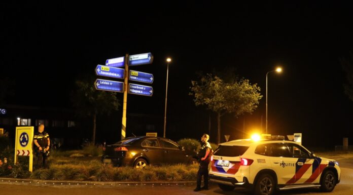 Auto belandt op rotonde na botsing met wegwijspaal in Lisse